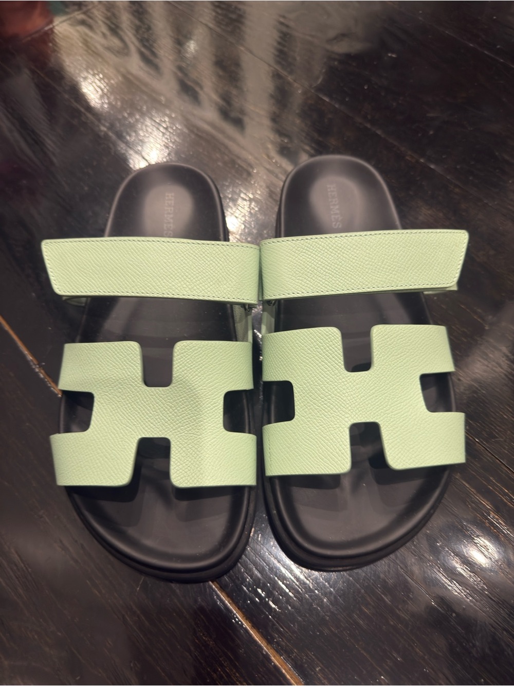 Hermes Mint Green Oran Slide Sandals with Black Footbed